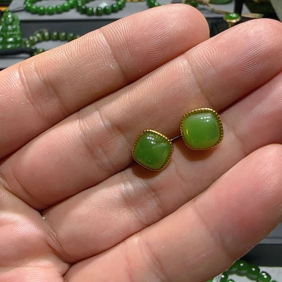 银S925镶嵌和田玉(碧玉)耳饰