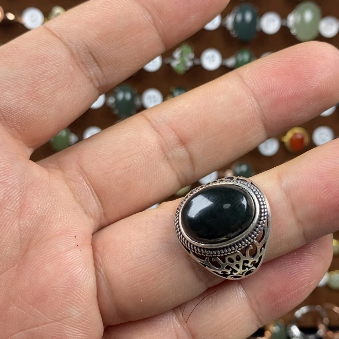 和田玉（青玉）戒指银S925镶嵌