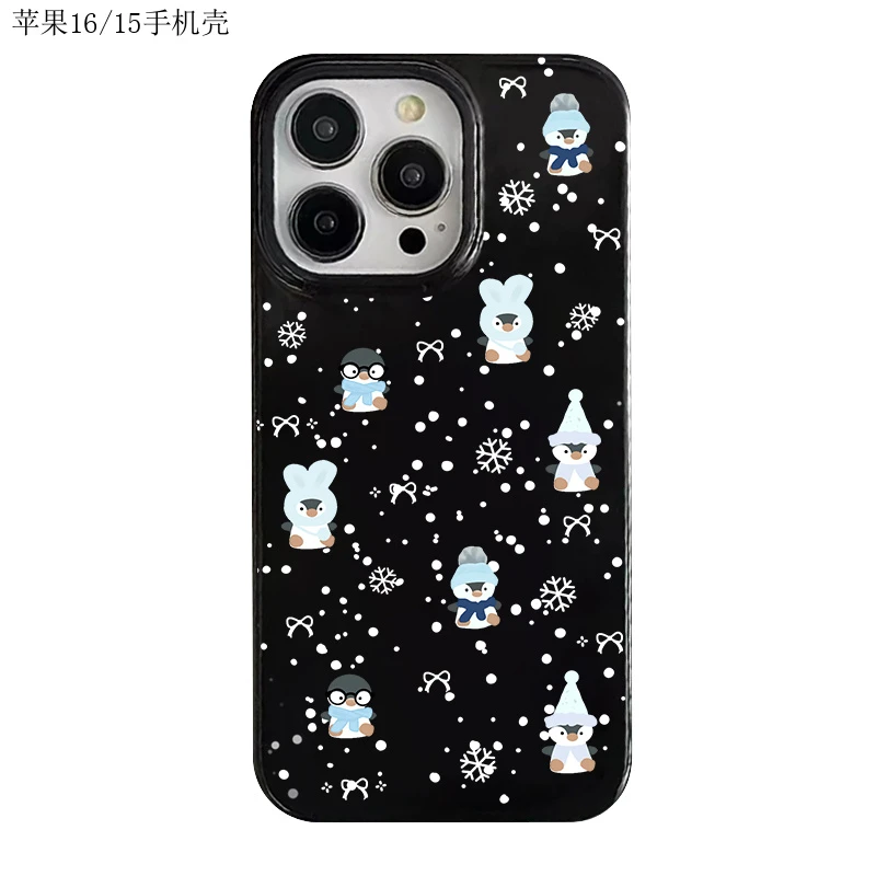 雪花多只企鹅适用苹果16/14pro15/13/12pro11简约卡通防摔手机壳
