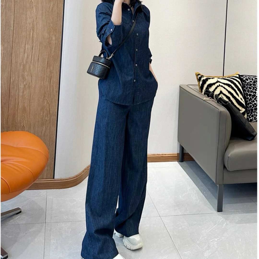 早秋新款牛仔套装深蓝色牛仔套装修身透气两件套衬衫长裤套装显白