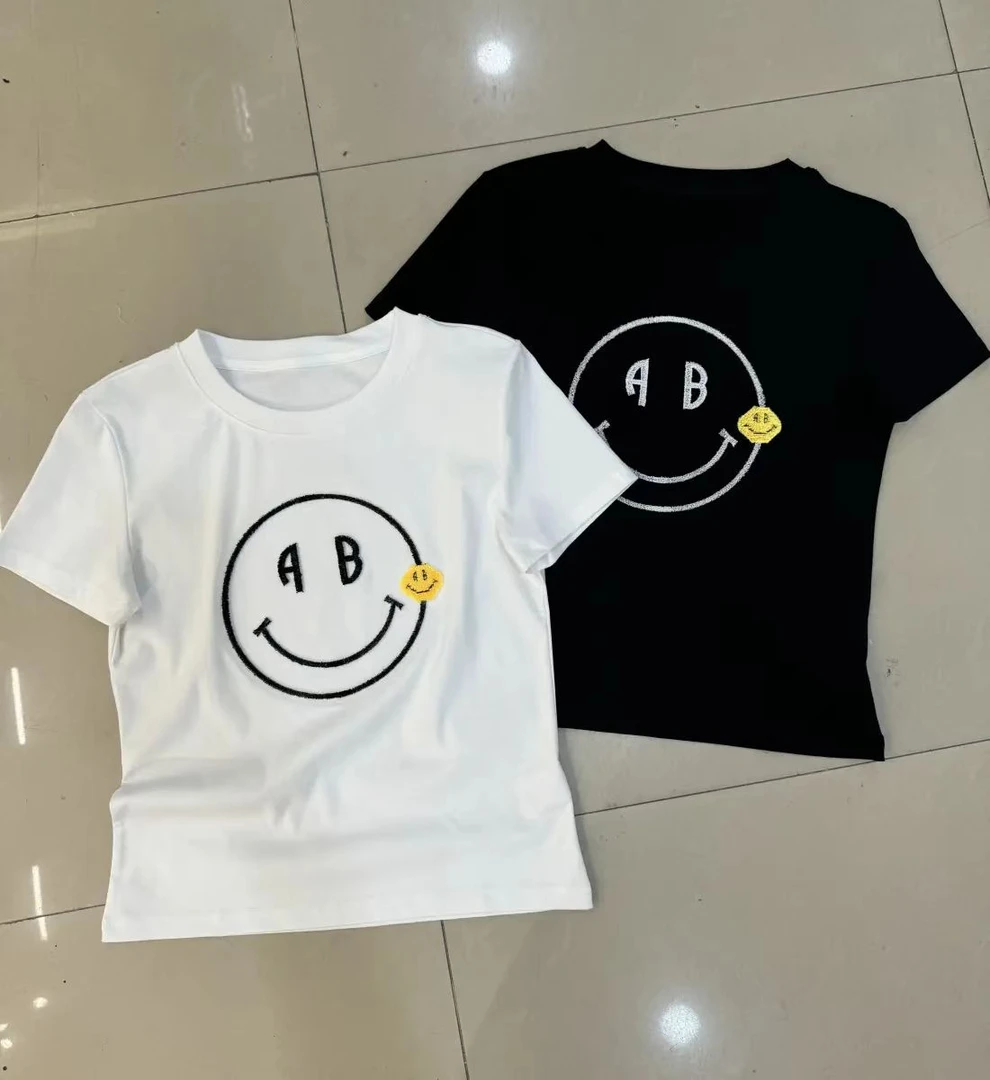 深圳南油高货2025夏季新款圆领植绒笑脸个性百搭显瘦短袖T恤上衣