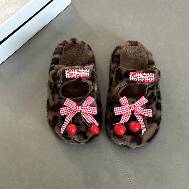 时尚复古百搭蝴蝶结樱桃可爱毛毛拖鞋女2025秋冬新款居家包头棉拖