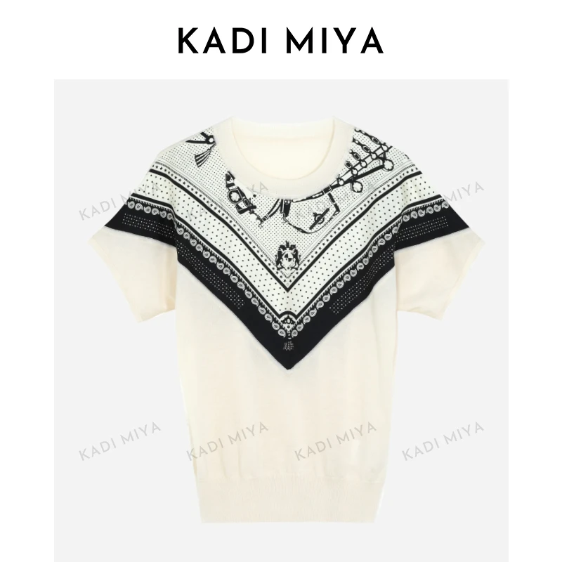 KADIMIYA“爱马拼接”撞色高级短袖毛针织衫