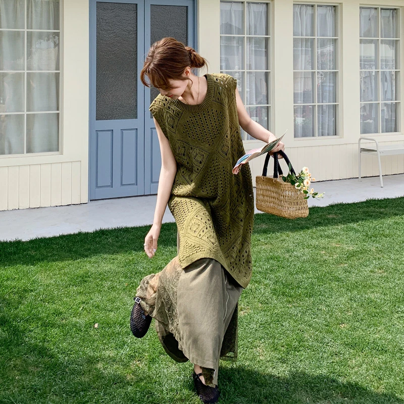 针织钩花罩衫背心半身裙套装2025夏季新款复古文艺可盐可甜两件套