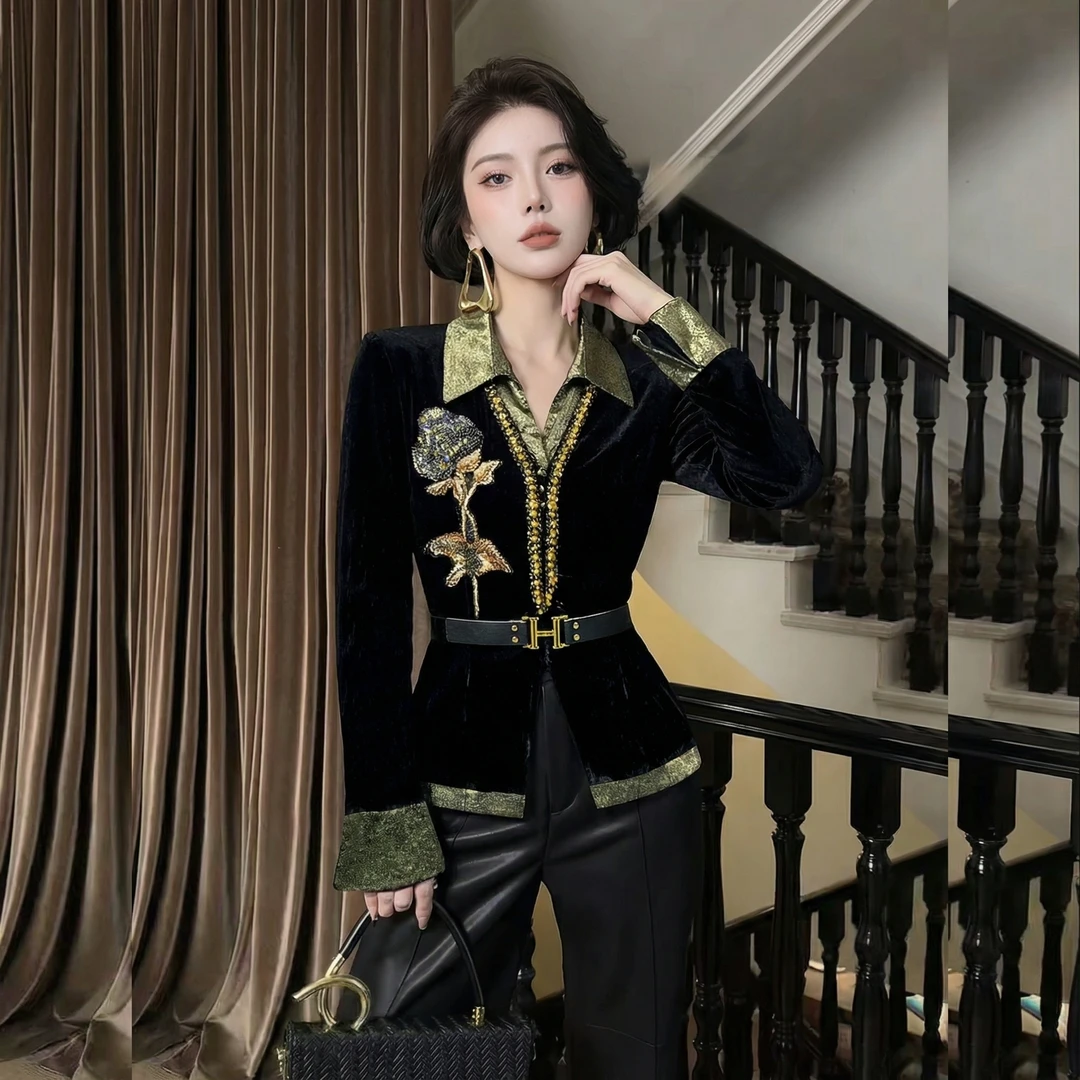 【芙娜妮】2025衬衫polo领腰带长袖收腰洋气轻奢刺绣女装F2531187A