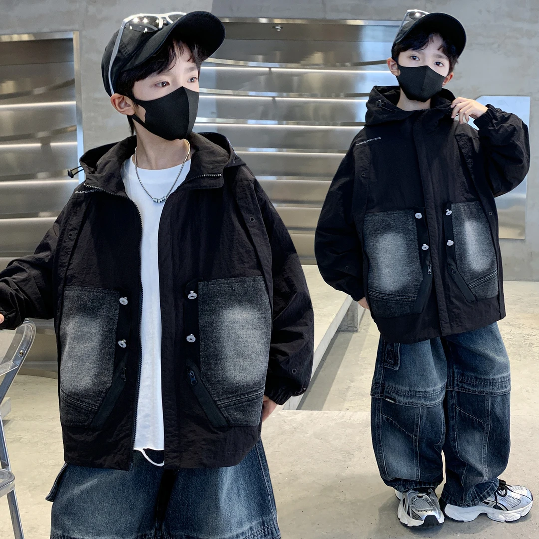 男童牛仔拼接外套春秋款儿童洋气时髦休闲衣服中大童男孩连帽上衣