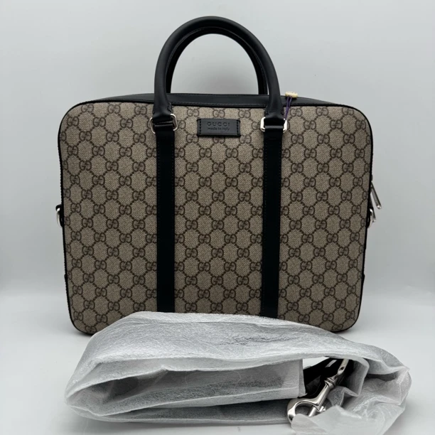 99新 GUCCI/古驰 98新棕花拼皮手提公文包/男士2668