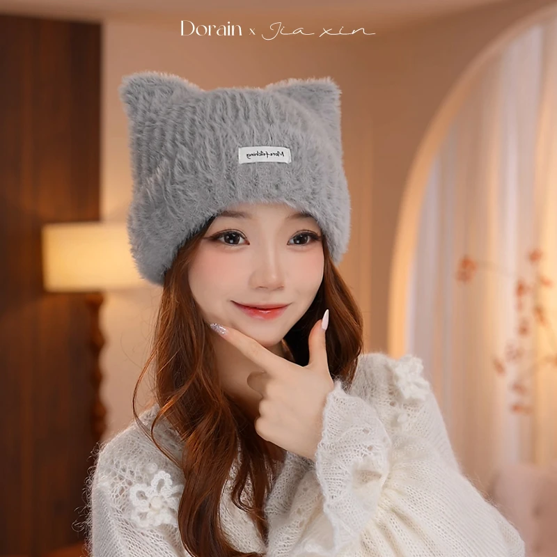 Dorain朵澜猫耳朵针织帽子女秋冬季百搭保暖护耳帽可爱包头毛线帽