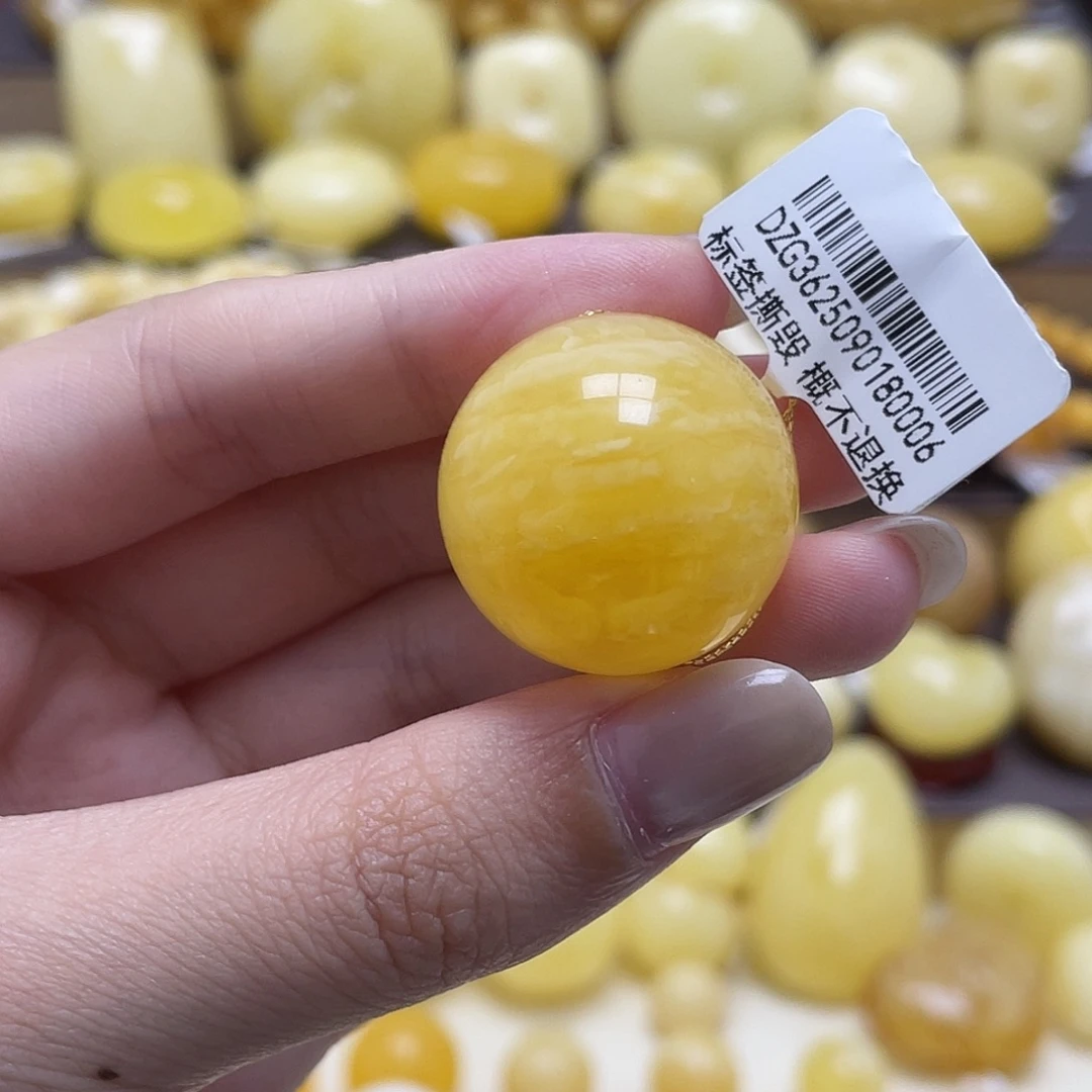 琥珀未镶嵌裸石24.1mm虎皮妖花圆珠瑕
