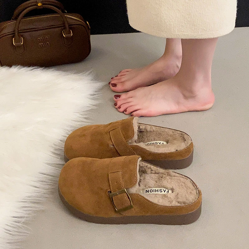 厚底勃肯鞋女外穿2025新款秋冬季加绒一脚蹬懒人棉拖鞋包头半拖鞋
