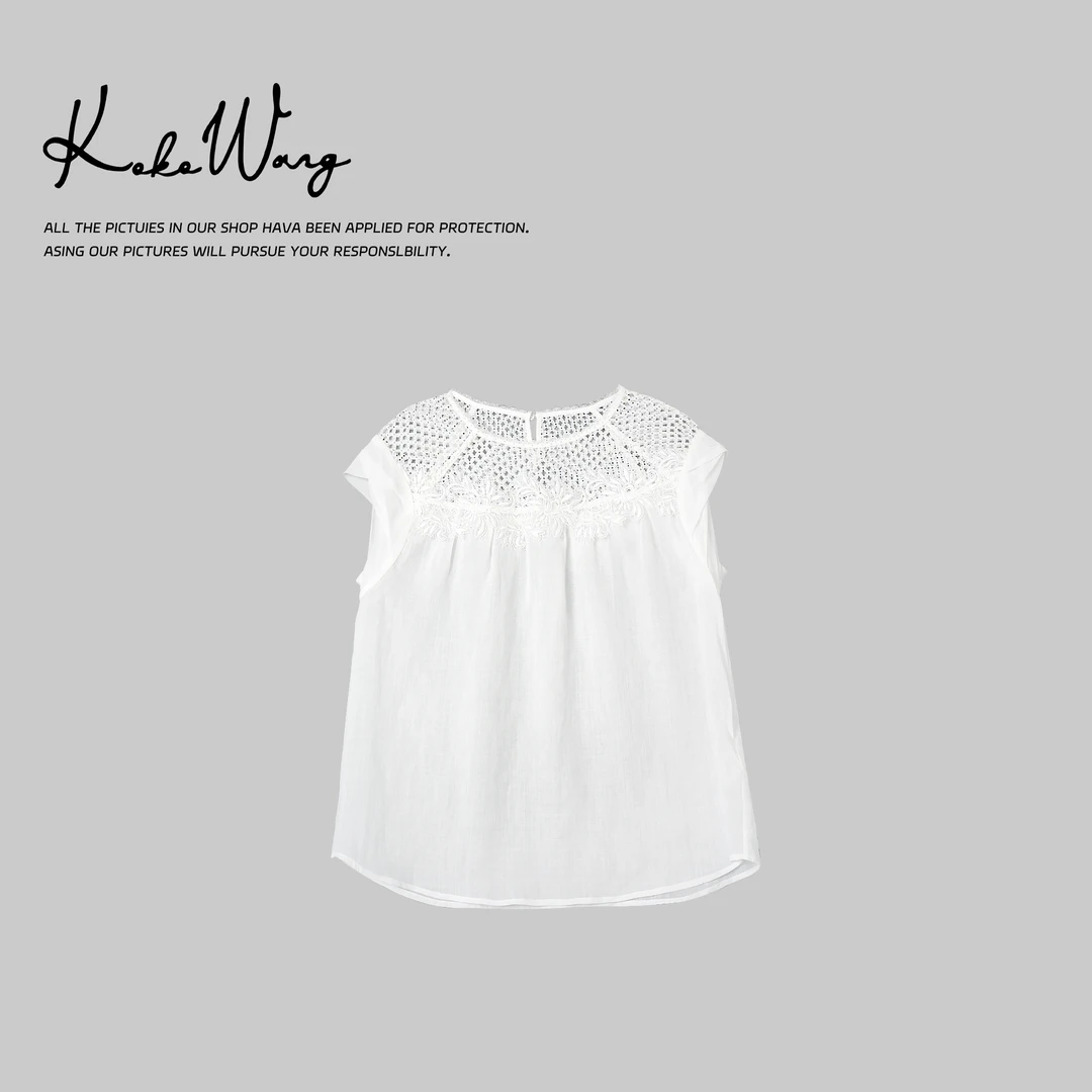 KOKOWANG夏季时尚气质镂空立体绣花百搭无袖衬衫上衣475705C04T43