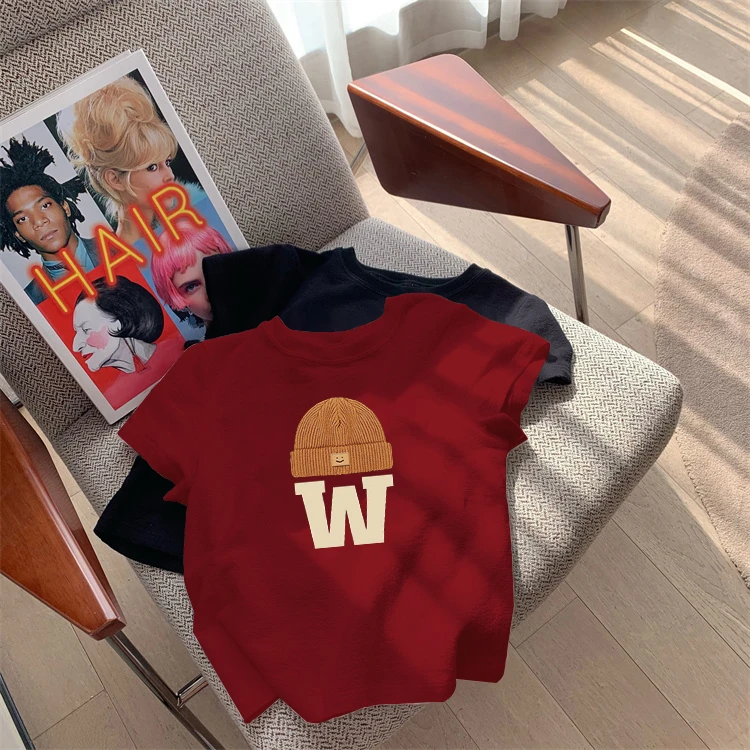 2025夏季新款红色正肩短袖t恤女装辣妹修身体恤港味复古chic上衣