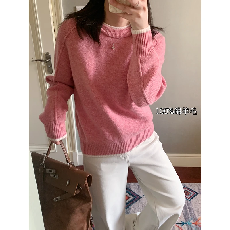 花总吖【墨本冬日】秋冬新款假两件100绵羊毛插肩袖毛衣R425Z20817