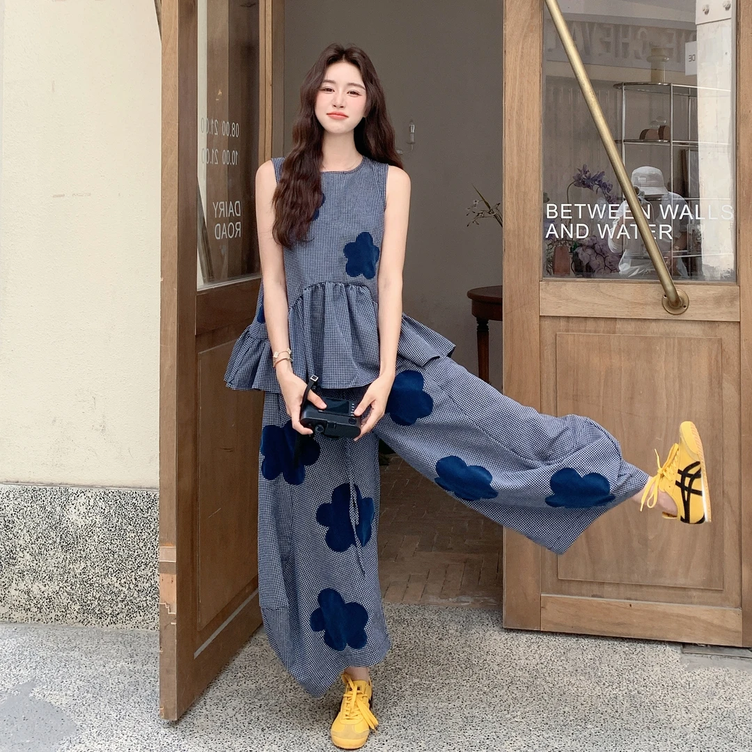 无袖格子背心上衣巨好看的套装女2025夏季宽松高级感阔腿裤两件套