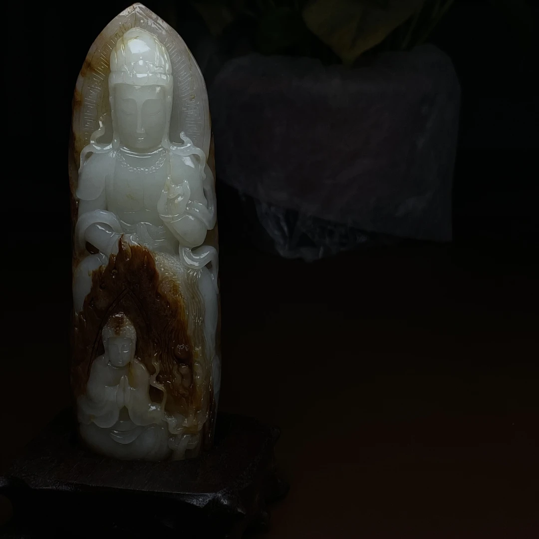 正宗和田玉观音手把件 红皮摆件 俄籽白玉
