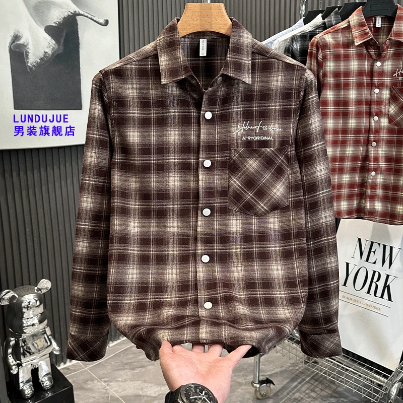 轻奢刺绣格子衬衫长袖衬衫男士春秋季宽松休闲百搭文艺衬衣潮外套