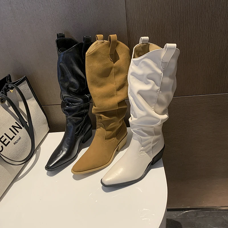 腿精buff~ 显瘦褶皱堆堆靴粗跟高跟长靴女2025新款尖头高筒骑士靴