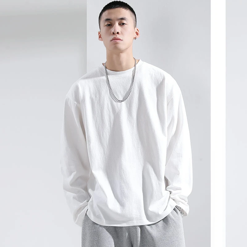 【两件装】中国制造纯棉t恤长袖宽松圆领简约净色春秋男女百搭休闲t