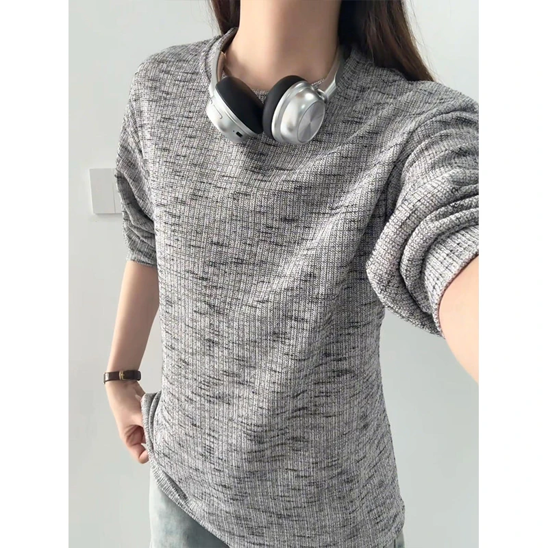 深灰色扎染长袖t恤男款秋季美式复古拼接圆领卫衣高级感内搭上衣