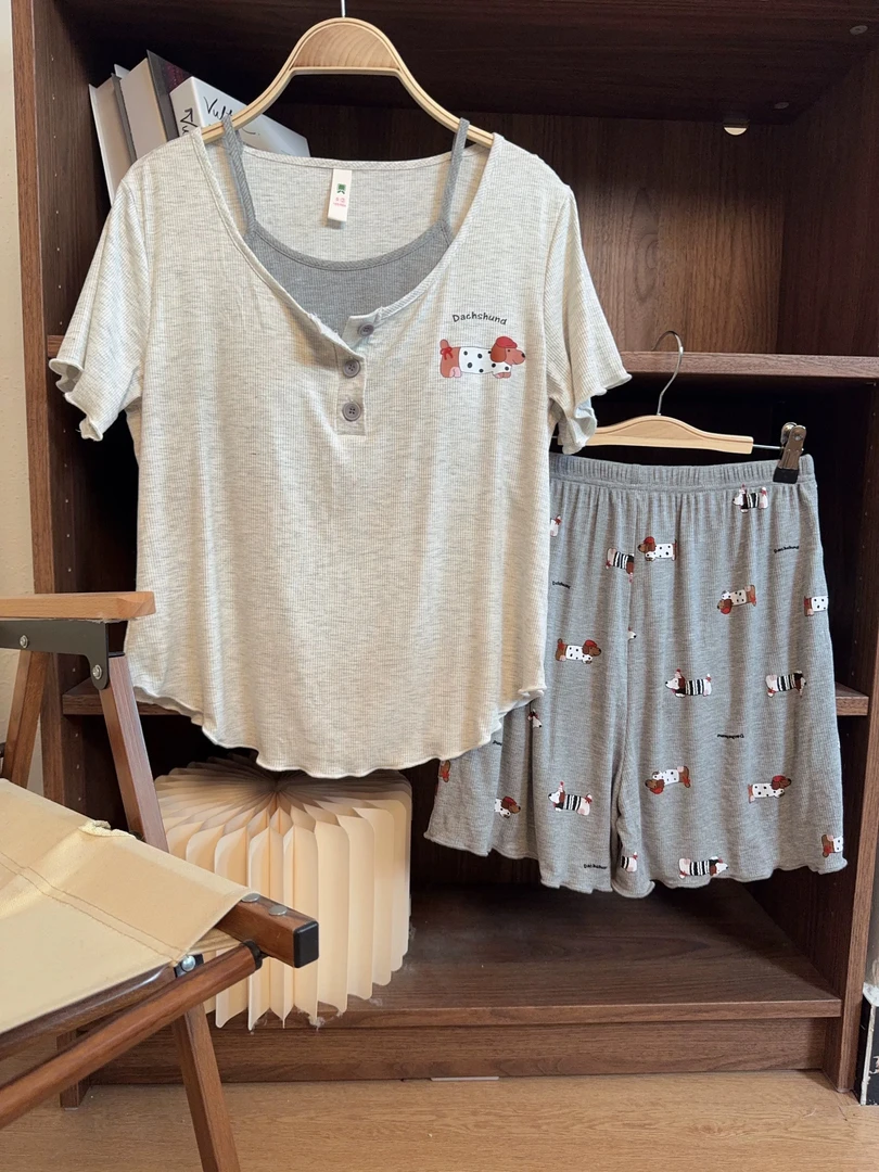 莫代尔睡衣女夏季短袖带胸垫可外穿高级感家居服腊肠狗假两件套装