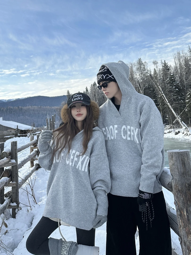 情侣装秋冬韩版螺纹宽松长袖毛衣针织连帽字母印花卫衣潮