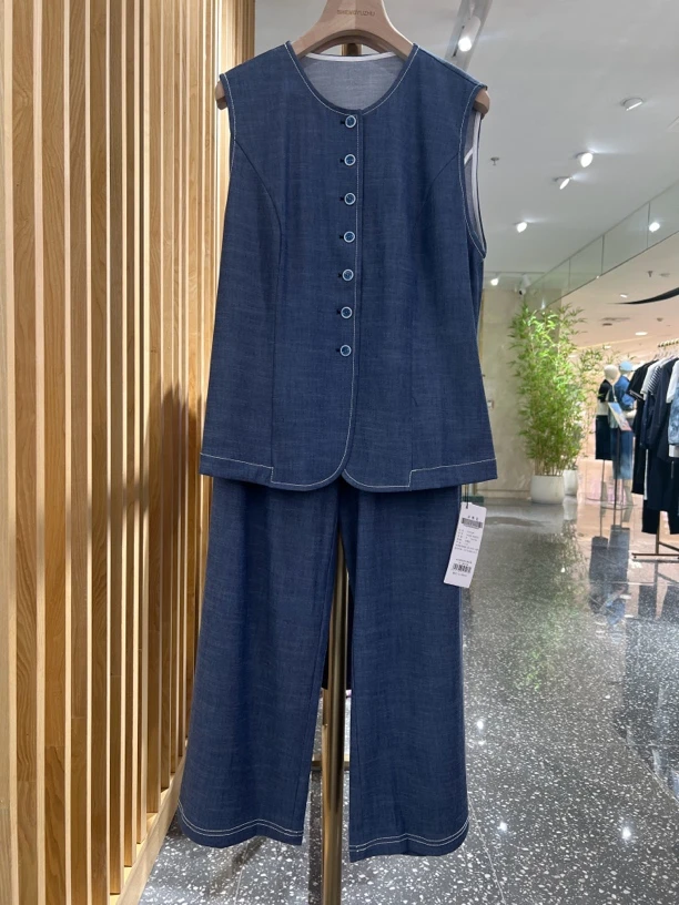 声雨竹7p422休闲风法式老钱风时尚套装牛仔夏季套装设计师薄马甲