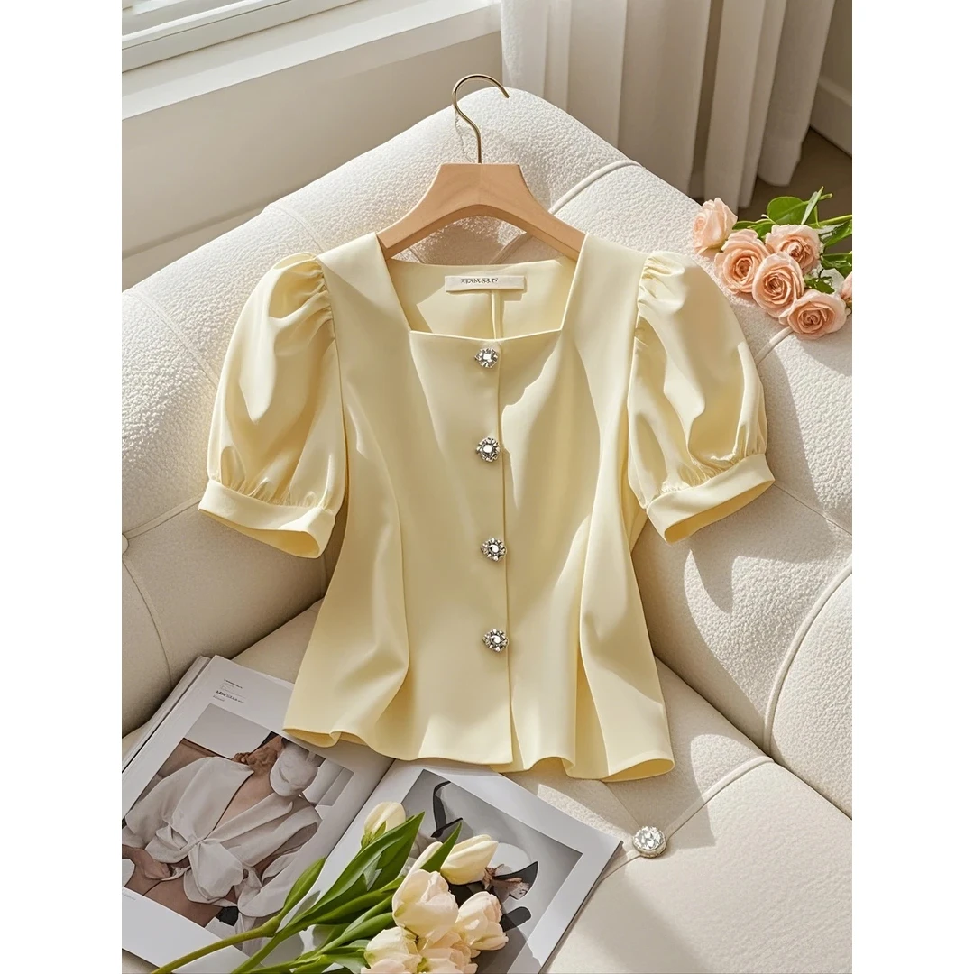 纯色短袖衬衫夏季小个子方领泡泡袖衬衣时尚百搭法式短款收腰上衣