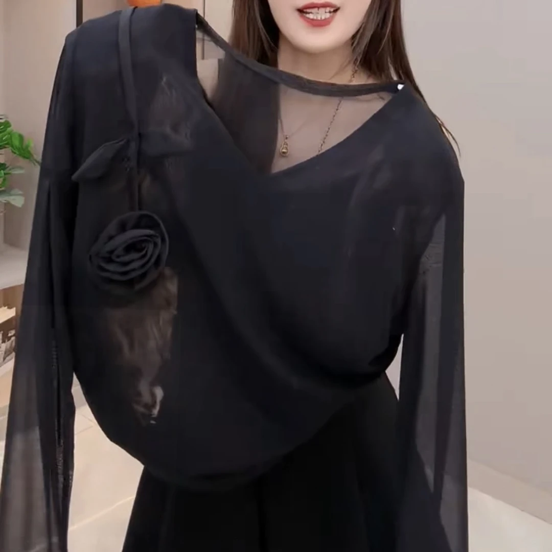 夜莺蔷薇立体玫瑰花乔其邹宽松圆领长袖蕾丝气质薄款上衣