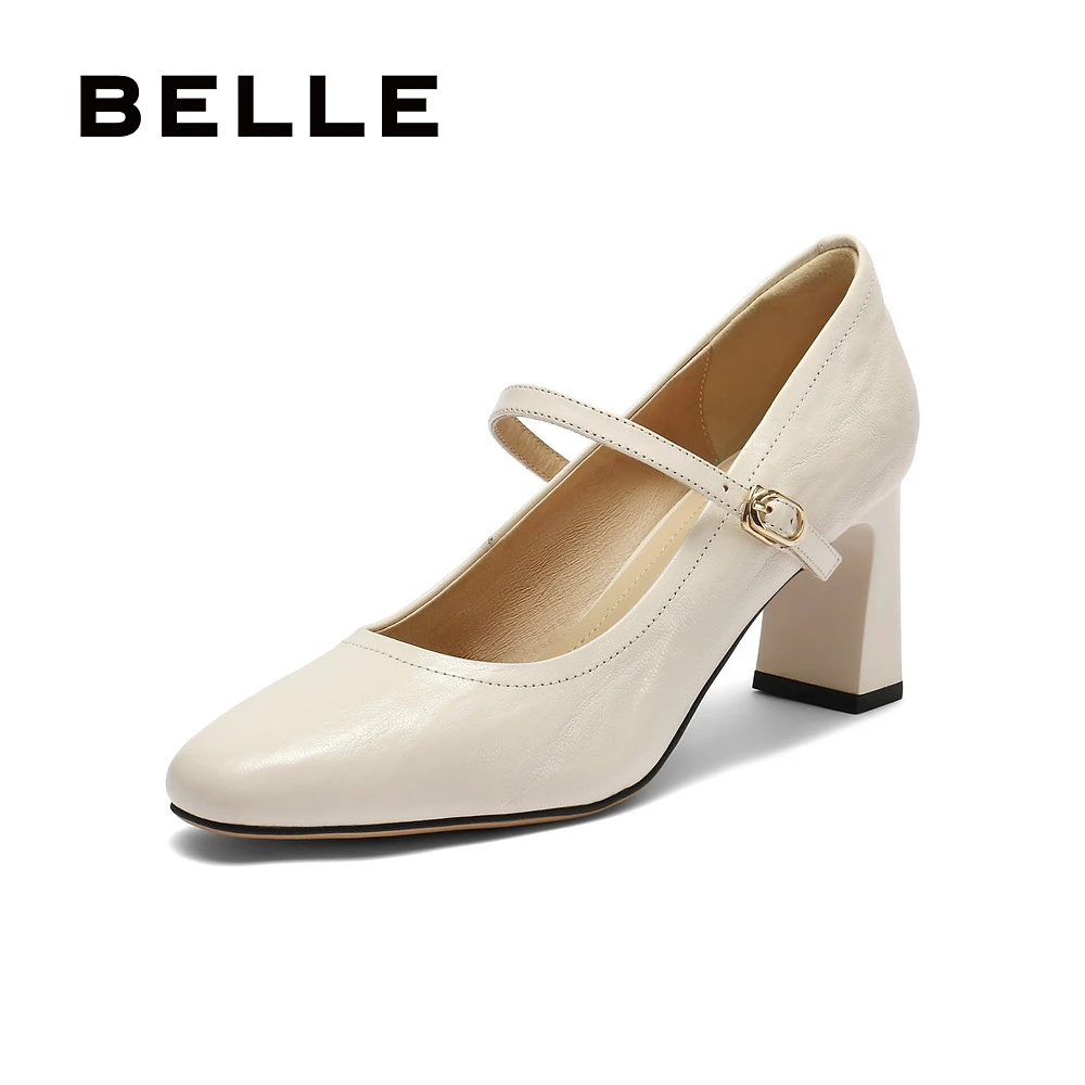 百丽法式玛丽珍鞋女鞋25夏日穿搭真皮百搭粗高跟浅口单鞋B2586AQ5