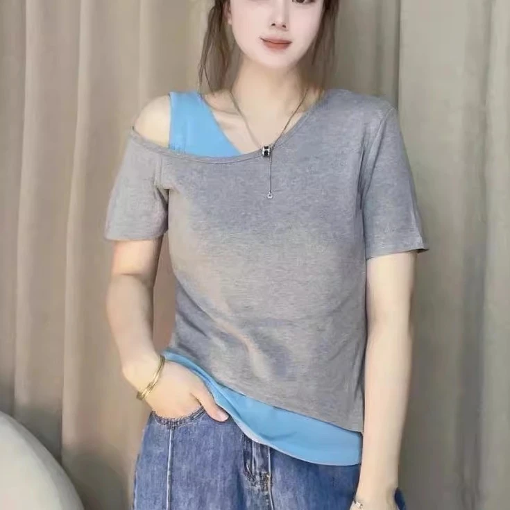 2025夏季新款女士韩版撞色斜肩假两件短袖女t恤时尚不规则上衣服