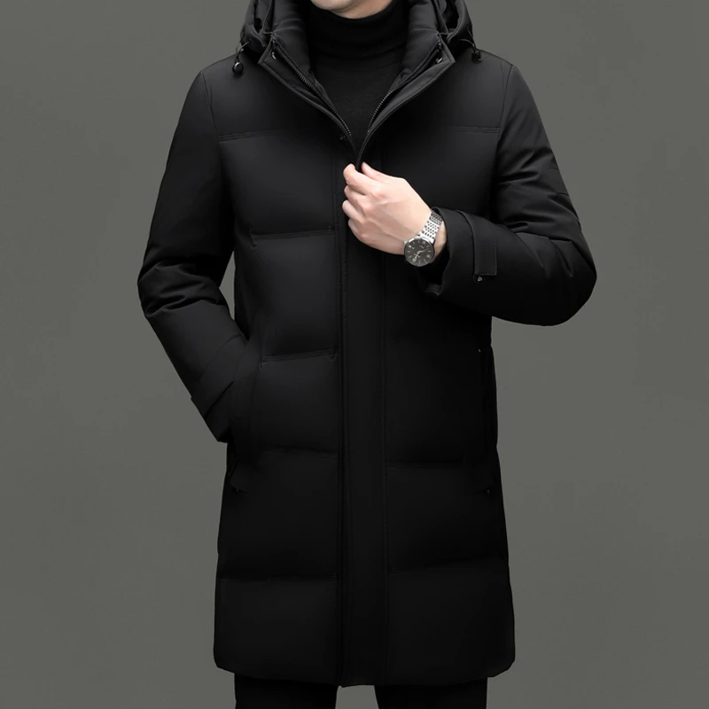 皮尔卡丹90白鸭绒羽绒服中长款连帽加厚保暖防风男士外套中年爸爸