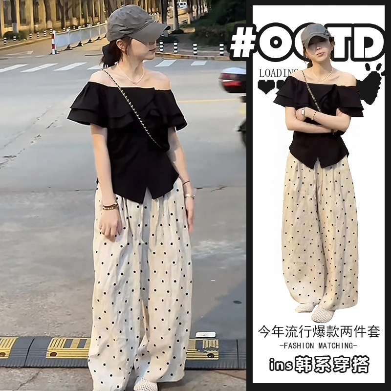 夏季一整套女装2025年新款韩版减龄荷叶边短袖上衣休闲裤两件套