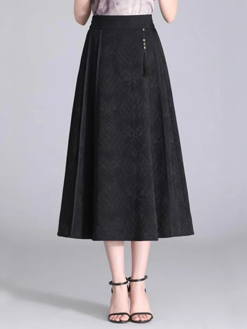 B001提花高腰百褶半身裙新中式显瘦伞裙夏季印花嬉皮部落风中长款