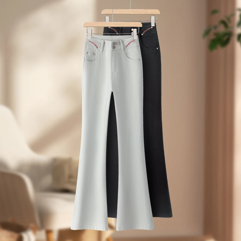 百搭浅色微喇牛仔裤女2025新款春夏季修身马蹄裤小个子高腰喇叭长