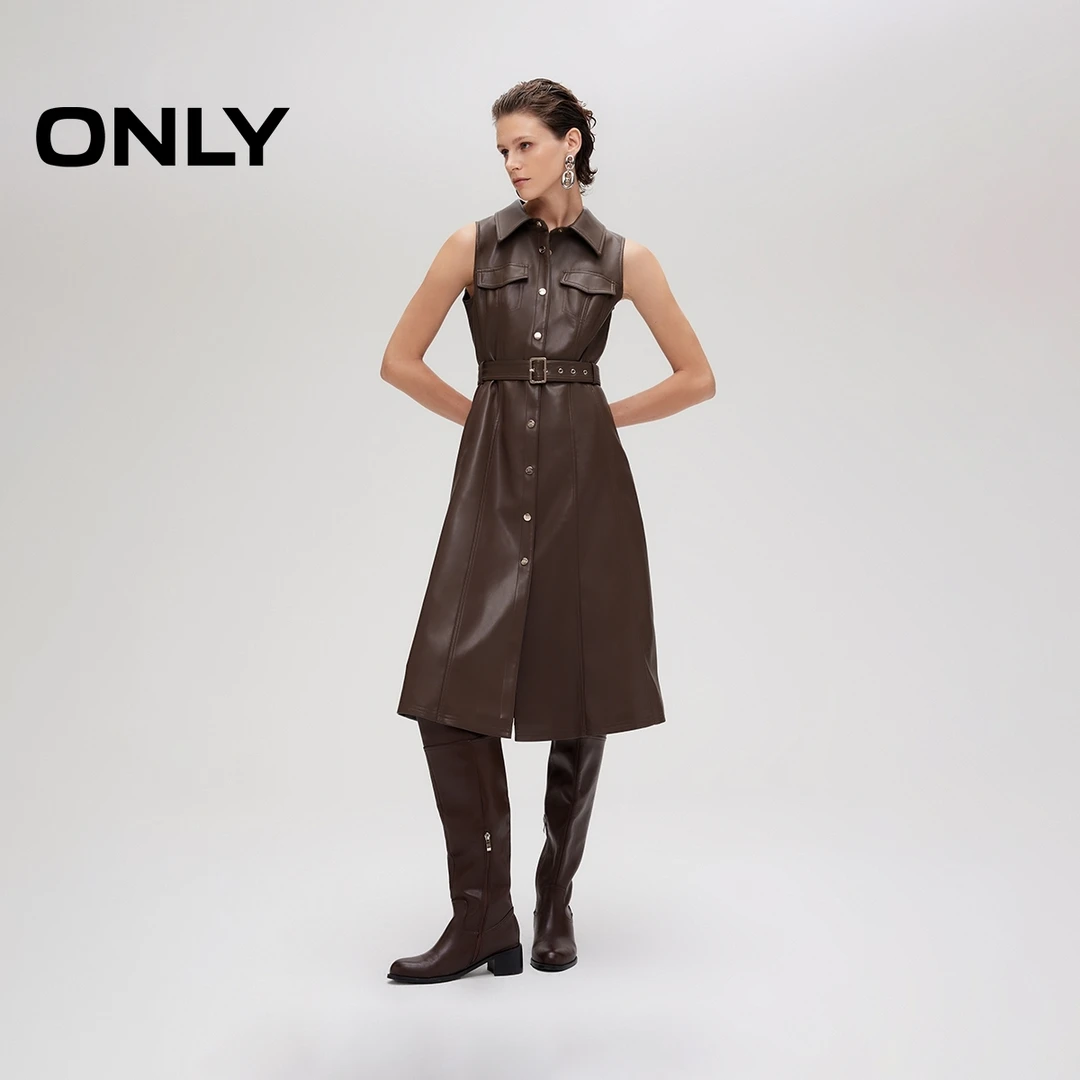 ONLY2025冬季新款复古PU皮革可调节腰带收腰连衣裙女|12547Y001