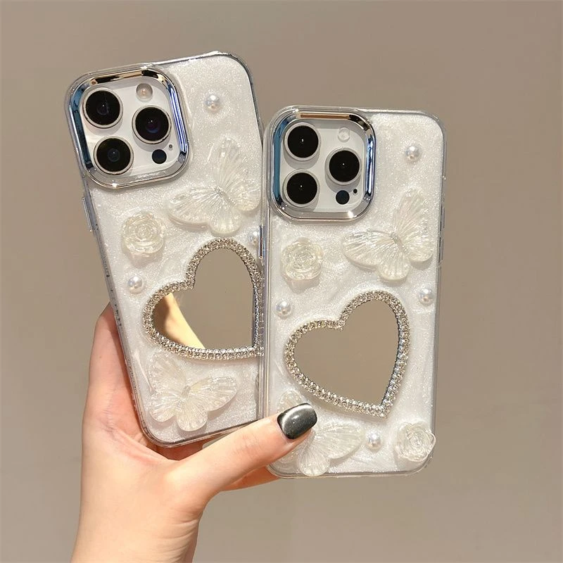 立体蝴蝶水钻爱心镜子适用iphone15手机壳16proMAX补妆镜面苹果14