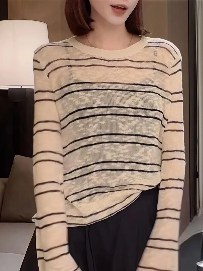法式条纹修身长袖针织衫女秋季新款小众设计感温柔风内搭打底上衣