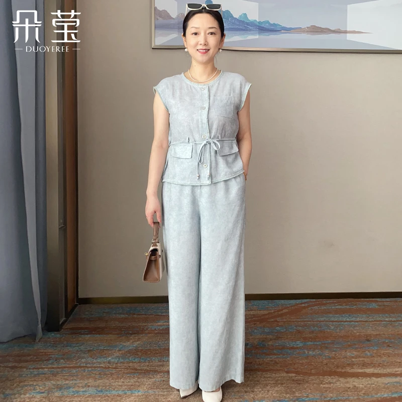 妈妈舒适松弛感套装女士2025夏季新款休闲毛边马甲阔腿裤两件套