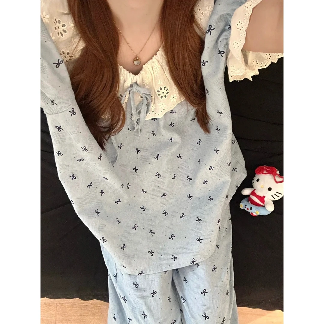 【甜美蝴蝶结】少女花边短袖睡衣女夏季新款2025舒适长裤套装家居服