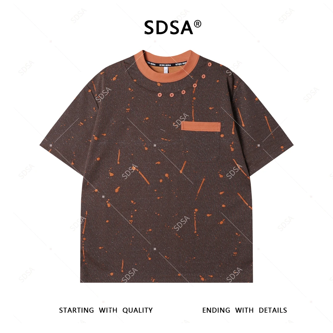 夏季高级感新款男士韩系撞色纽扣撞色短袖T恤磨破口袋设计上衣潮