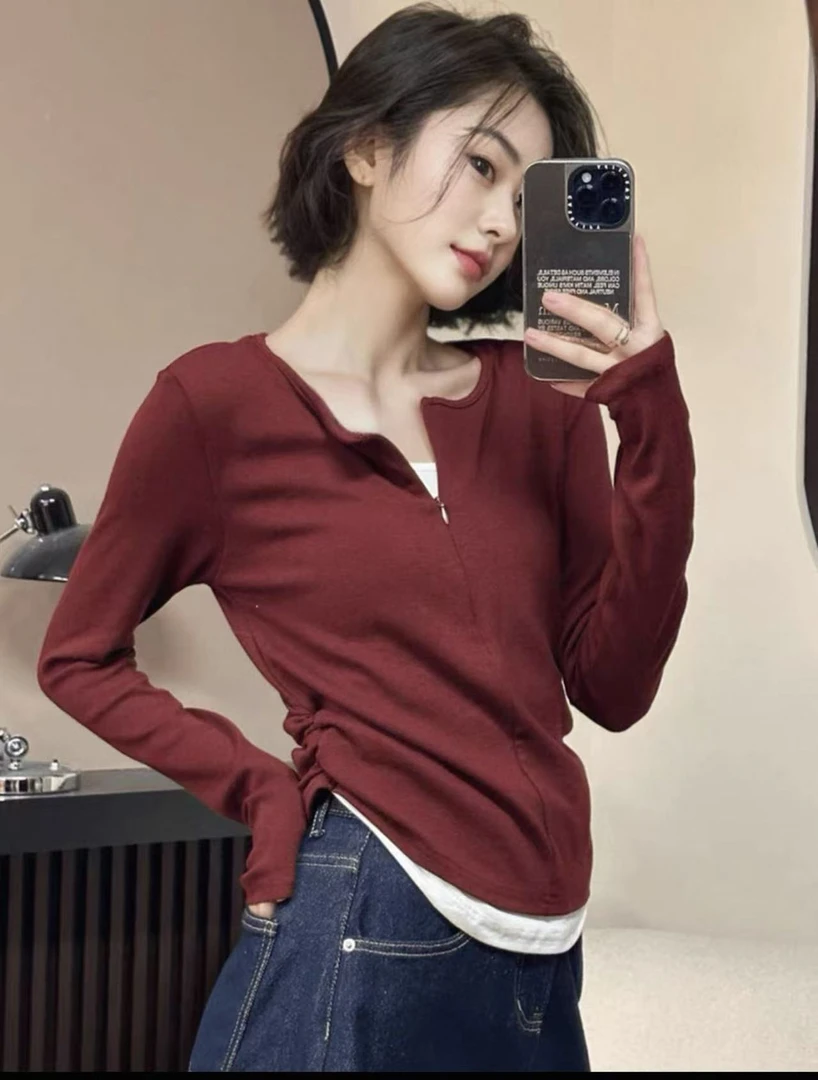 6226立领半拉链拼接假两件打底衫