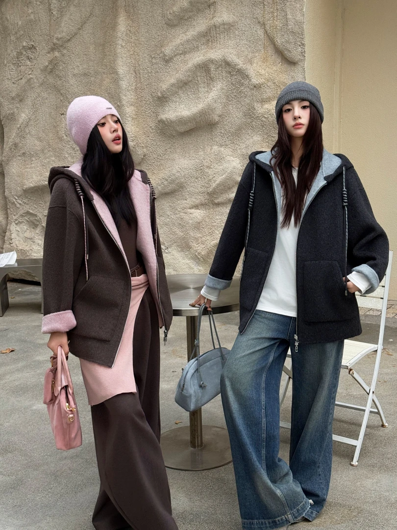 【五儿WUER】258038连帽休闲羊毛大衣2025新款100羊毛冬季毛呢大衣
