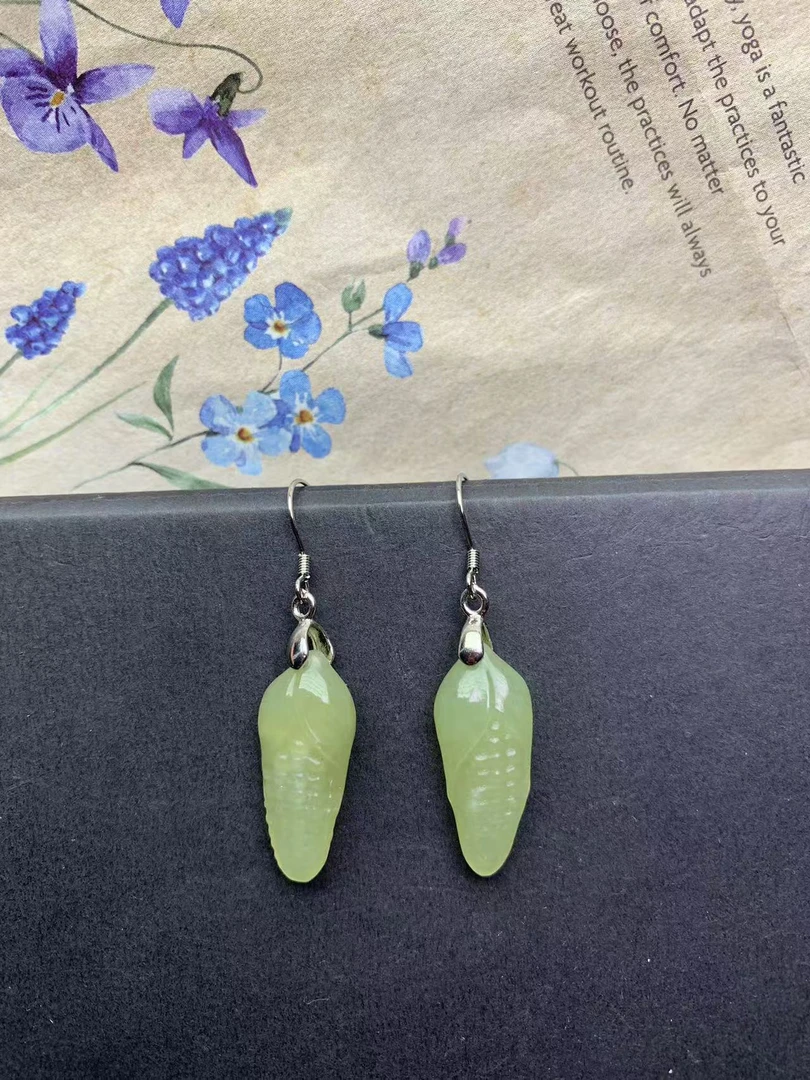 天然和田玉耳饰高端玉米粒S925纯银耳环经典雕刻复古女F28