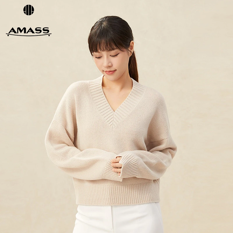 阿玛施AMASS新款女装质感长袖无缝工艺V领纯羊绒针织上衣5399563