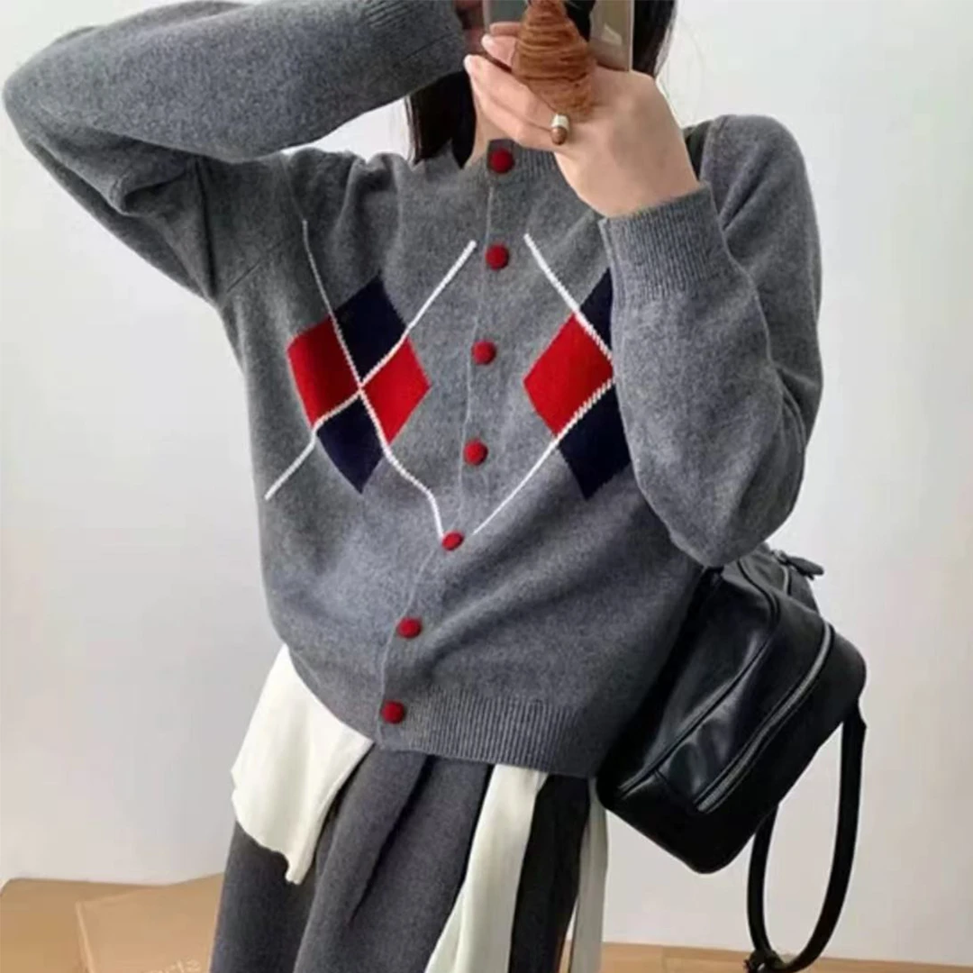 宽松圆领菱形百搭网红针织开衫女装秋季女士长袖毛衣外套-9657