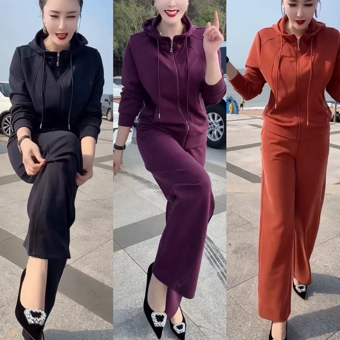 休闲运动套装阔腿秋季运动连帽减龄开衫百搭春秋宽松