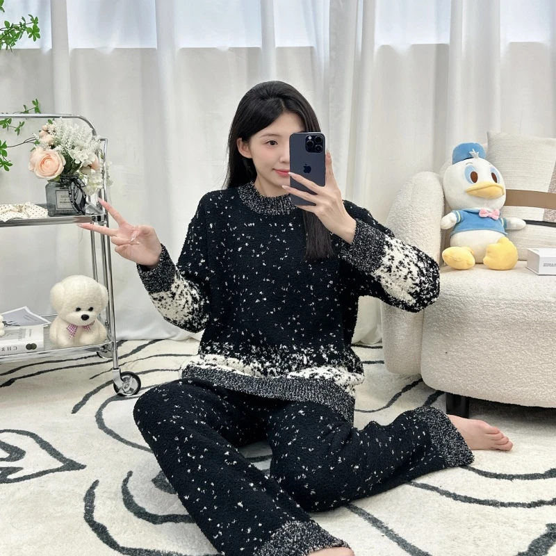 新爆款睡衣女冬季条纹套头绒款保暖加厚可外穿家居服套装休闲裤子