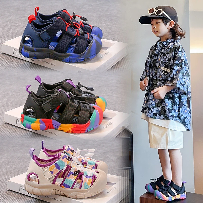 【夏季清仓】新款女童包头运动凉鞋鞋子韩版男童迷彩防滑沙滩鞋1085