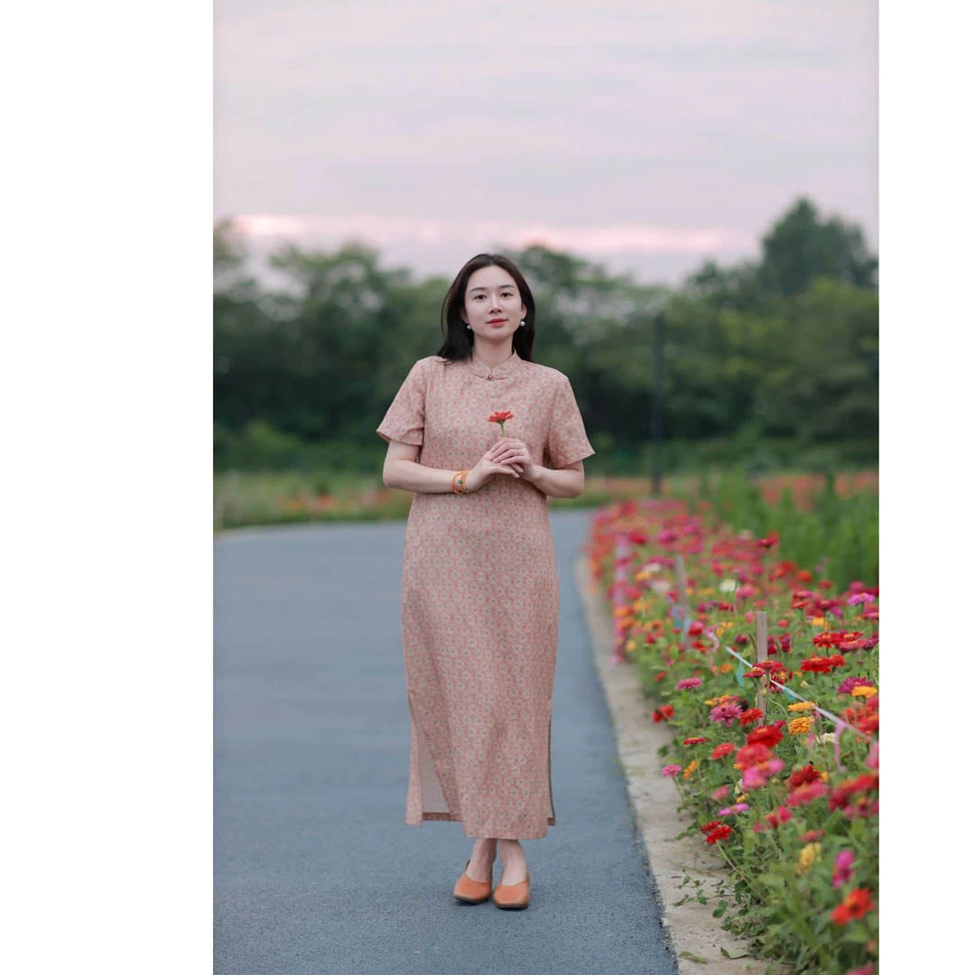 【花漾婉情】亚麻天丝印花夏季短袖新中国风显瘦改良旗袍连衣裙