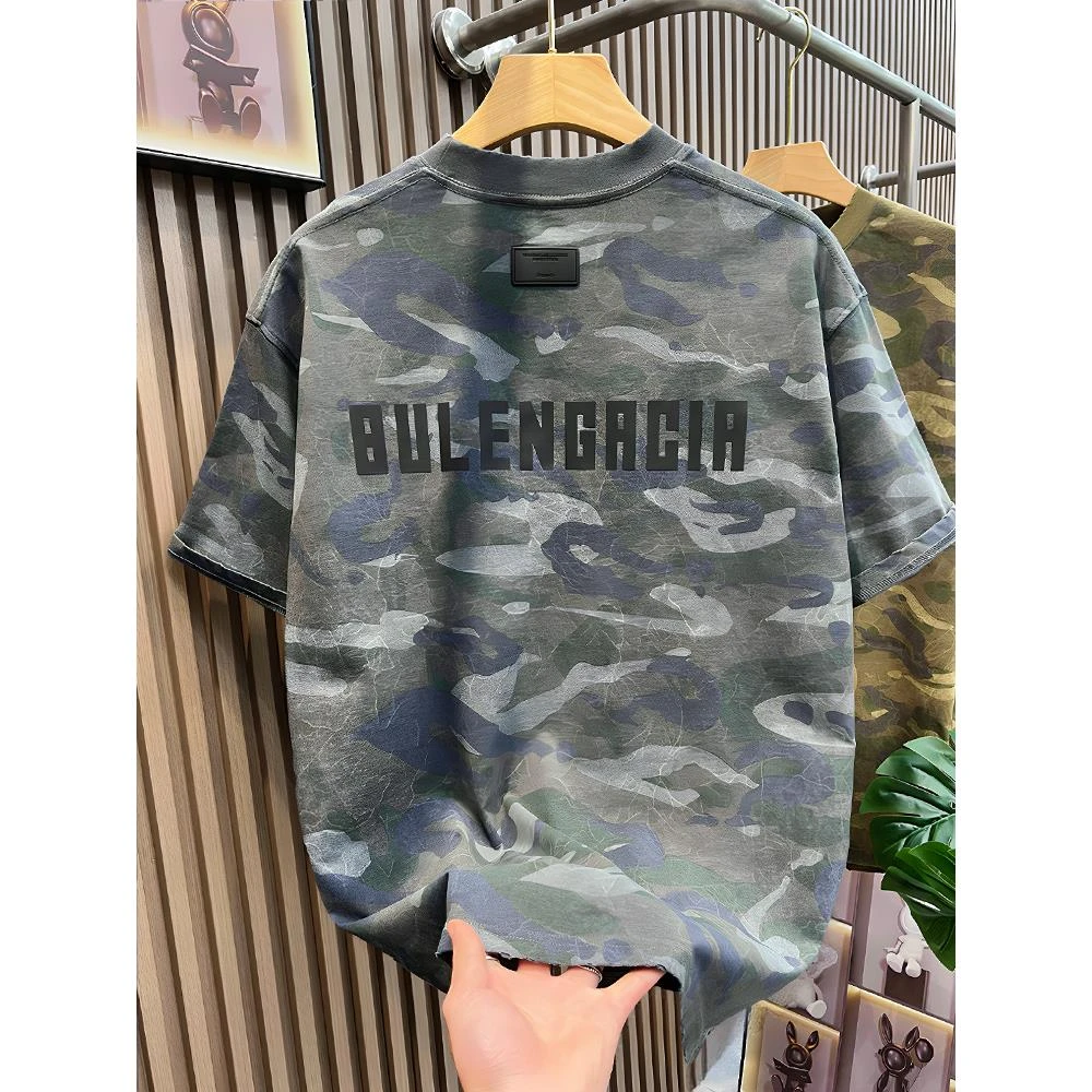 大码300斤美式迷彩字母短袖T恤男女夏季宽松复古时尚休闲百搭上衣